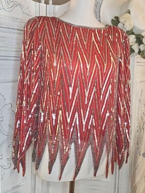 Vintage 70s-80s Red Silk Silver Sequin Zigzag Hem Long Sleeves Top Blouse
